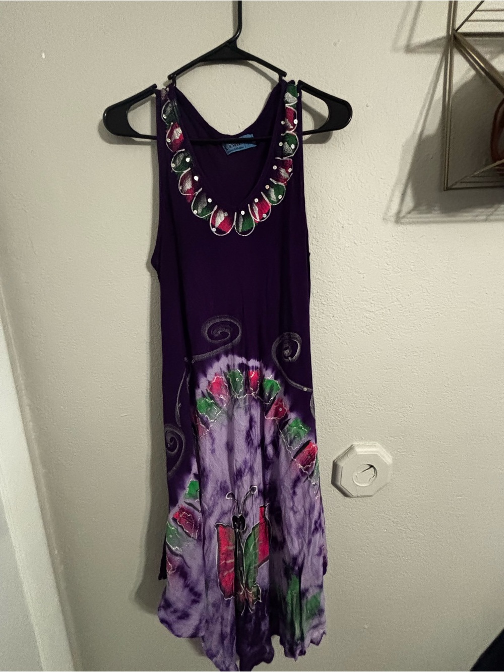 Dress Sleeveless Purple Tie-Dye Midi Dress with Floral Embellishments